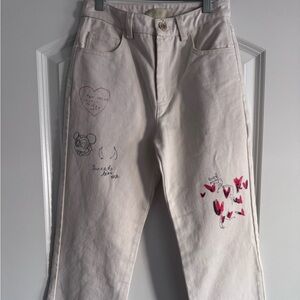 Paloma Wool Cream Hand-Painted Straight Leg Jeans | Size 34 | Made in Spain